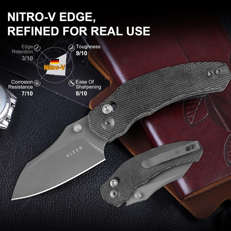 KIZER Mini Bulldog Pocket Knife, 2.5” Nitro V Sheepsfoot Blade Folding Knife, Micarta Handle Clutch Lock Small EDC Knife for Men Women Gift, Fishing Hiking Camping Hunting Knives V3672SA2 - Image 4